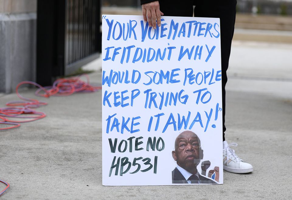 Demonstrators in Atlanta gather outside the Georgia State Capitol March 1, 2021, to protest H.B. 531, passed by the Georgia House to restrict ballot drop boxes, require more I.D. for absentee voting and limit weekend early voting days passed. (CNS) Demonstrators in Atlanta gather outside the Georgia State Capitol March 1, 2021, to protest H.B. 531, passed by the Georgia House to restrict ballot drop boxes, require more I.D. for absentee voting and limit weekend early voting days passed. (CNS)