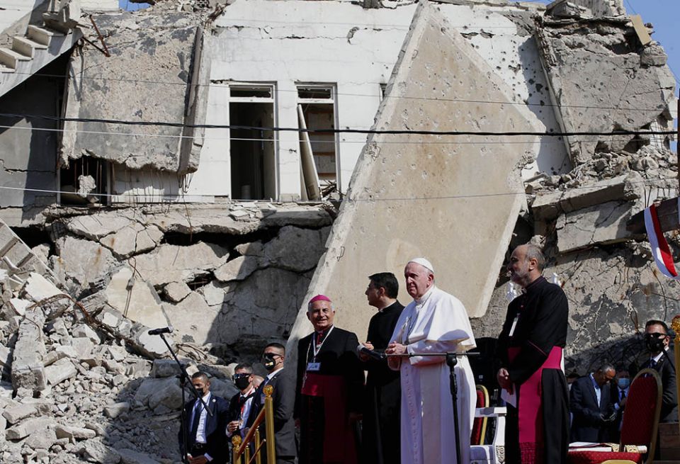Pope Francis participates in a memorial prayer for the victims of the war at Hosh al-Bieaa (church square) in Mosul, Iraq, March 7. (CNS/Paul Haring)