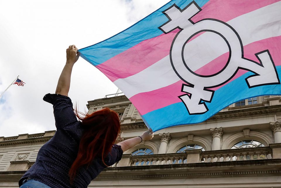 A person in New York City holds up a transgender flag Oct. 24, 2018. (CNS/Brendan McDermid, Reuters)