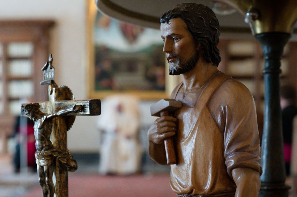 A statue of St. Joseph is seen as Pope Francis leads his general audience in the library of the Apostolic Palace at the Vatican March 24. (CNS/Vatican Media) A statue of St. Joseph is seen as Pope Francis leads his general audience in the library of the Apostolic Palace at the Vatican March 24. (CNS/Vatican Media)