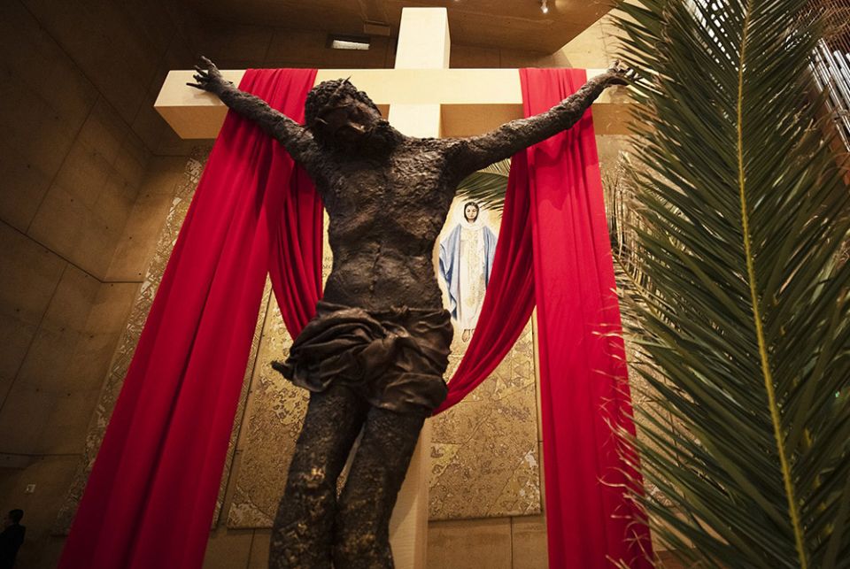 A crucifix is seen at the Cathedral of Our Lady of the Angels in Los Angeles on Palm Sunday, March 28. (CNS/Victor Aleman, courtesy of the Archdiocese of Los Angeles)