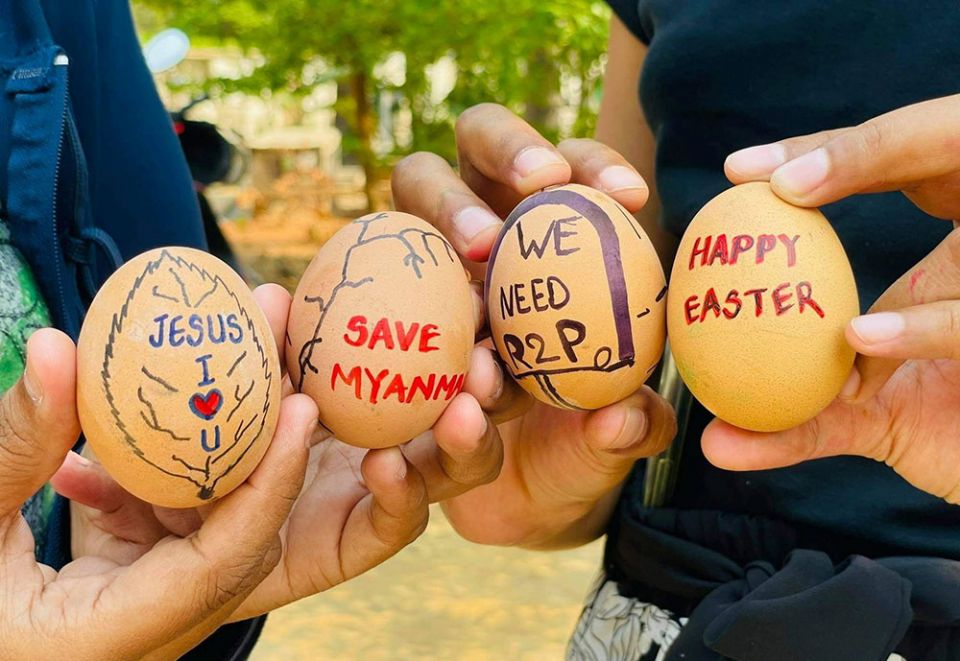 Easter eggs painted with slogans from the protests against the military coup are displayed in Mandalay, Myanmar, April 3. (CNS/Social media via Reuters) Easter eggs painted with slogans from the protests against the military coup are displayed in Mandalay, Myanmar, April 3. (CNS/Social media via Reuters)
