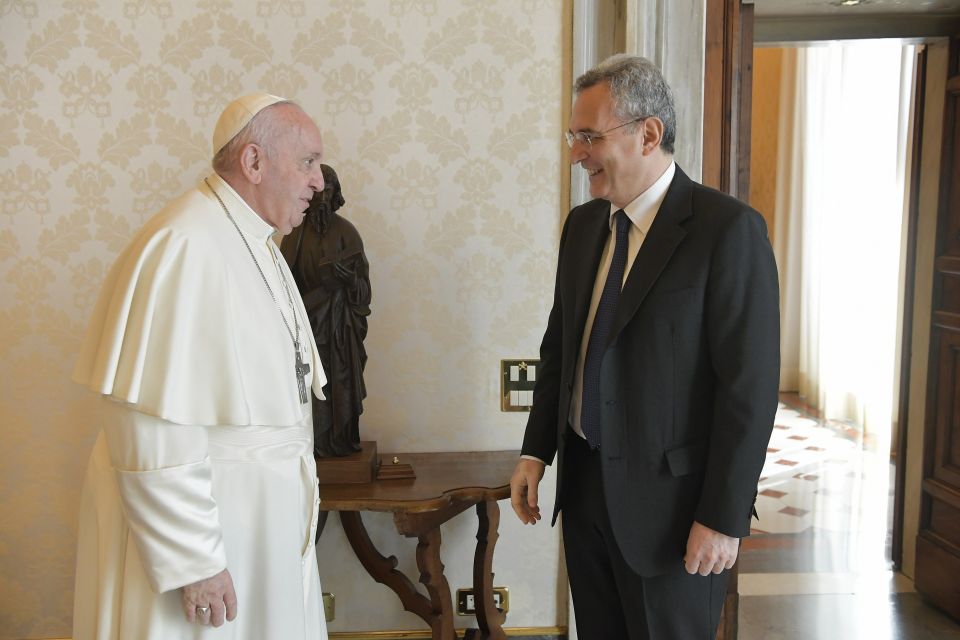 Pope Francis meets Marco Impagliazzo, president of the Community of Sant'Egidio, at the Vatican April 19, 2021. (CNS/Vatican Media)
