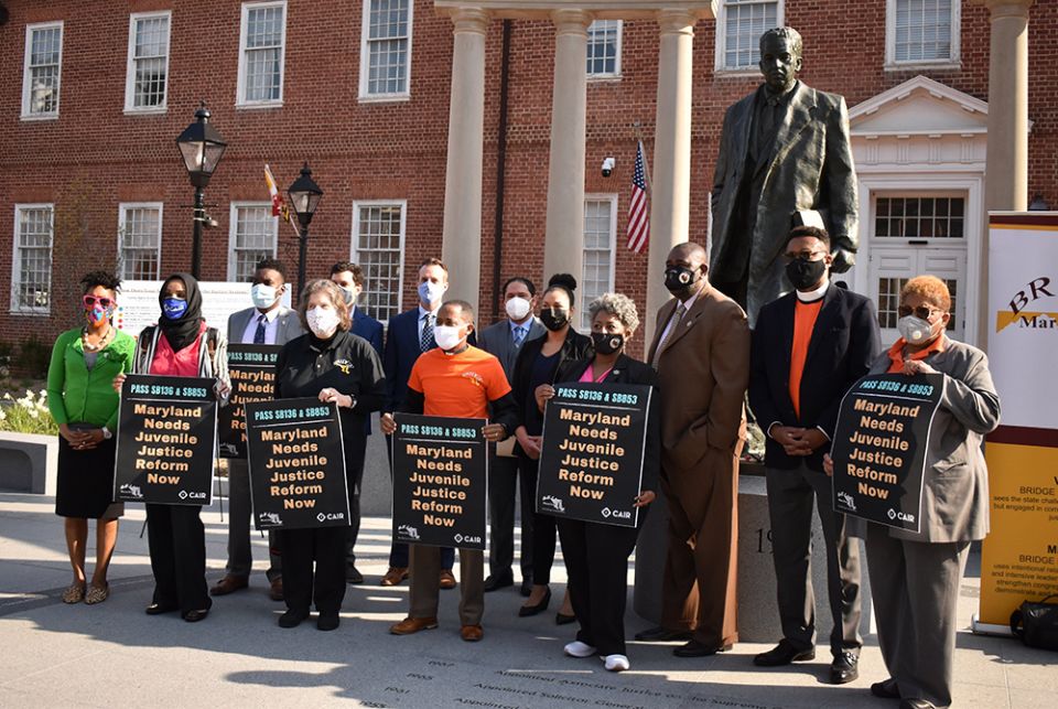 Legislators, community activists, and BRIDGE Maryland, Inc. leaders gather on Lawyers Mall in Annapolis, Maryland, April 8, for a news conference to encourage the Senate to pass the Juvenile Interrogation Protection Act. The Catholic Campaign for Human De