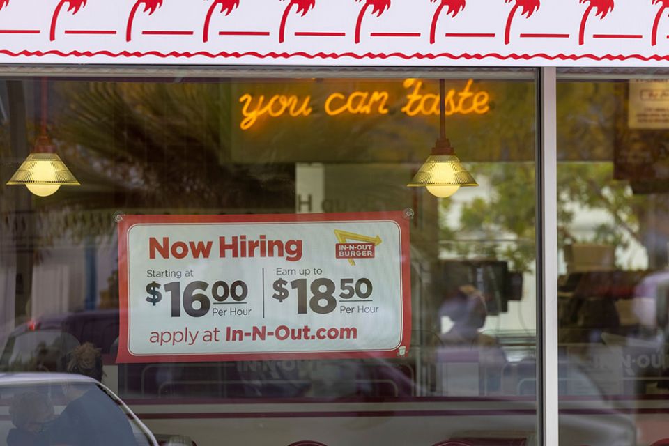 An In-N-Out Burger in Encinitas, Calif., advertises for workers May 10, 2021. (CNS/Reuters/Mike Blake)