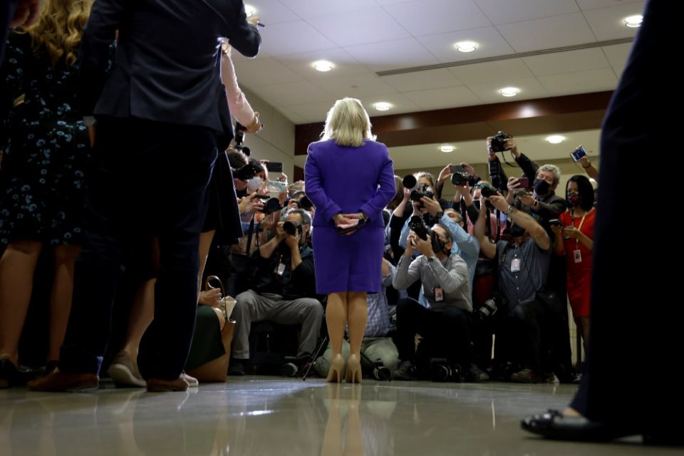 Rep. Liz Cheney, R-Wyoming, speaks to reporters after House Republicans vote to remove her as chair of the House GOP Conference on Capitol Hill in Washington May 12, 2021. (CNS/Reuters/Jonathan Ernst)