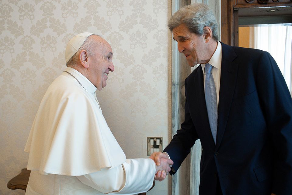Pope Francis meets John Kerry, U.S. special presidential envoy for climate, May 15 at the Vatican. (CNS/Vatican Media)