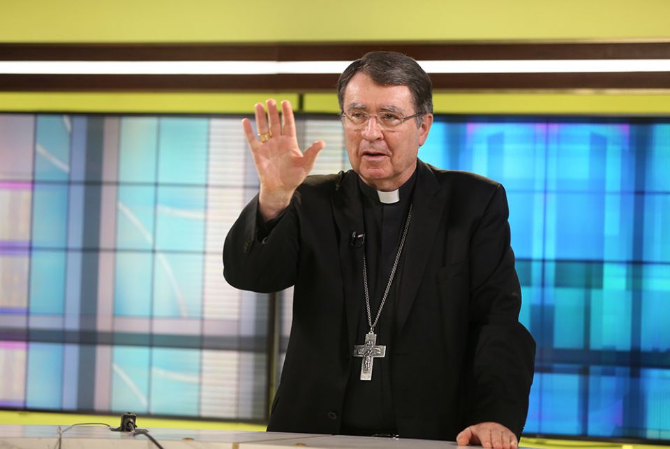 Archbishop Christophe Pierre, apostolic nuncio to the United States, gestures June 10, before recording his address to be delivered the first day of the U.S. Conference of Catholic Bishops' spring meeting. (CNS/Bob Roller)