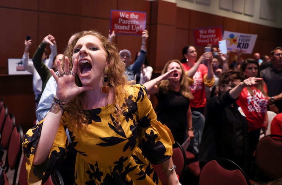 Angry parents and community members in Ashburn, Virginia, protest after the Loudoun County School Board halted its meeting because the crowd refused to quiet down June 22. Many objected to critical race theory being part of the curriculum. (CNS)