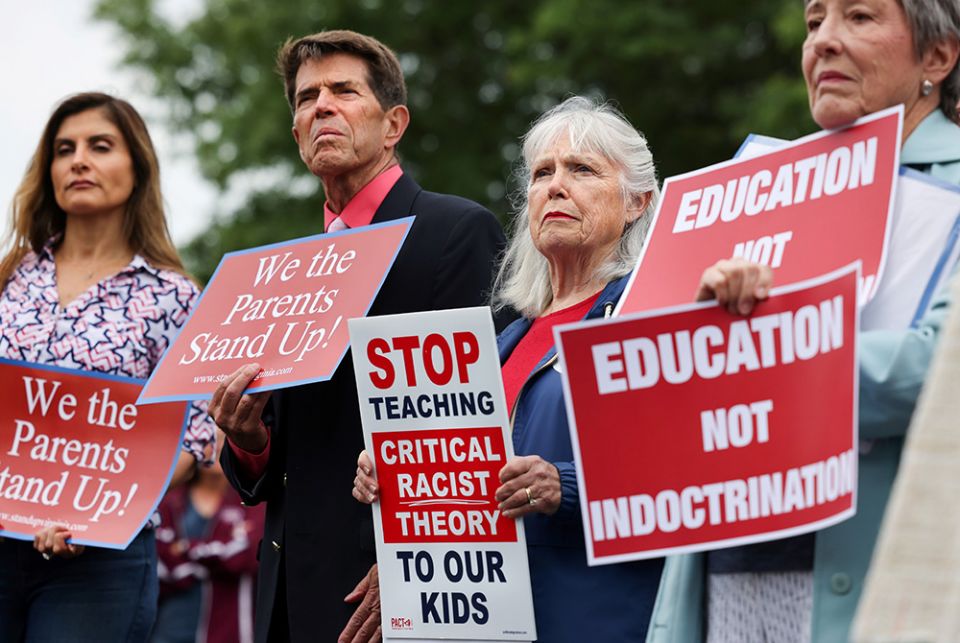 Opponents of "critical race theory" protest June 22 outside of the Loudoun County School Board headquarters in Ashburn, Virginia. (CNS/Reuters/Evelyn Hockstein)