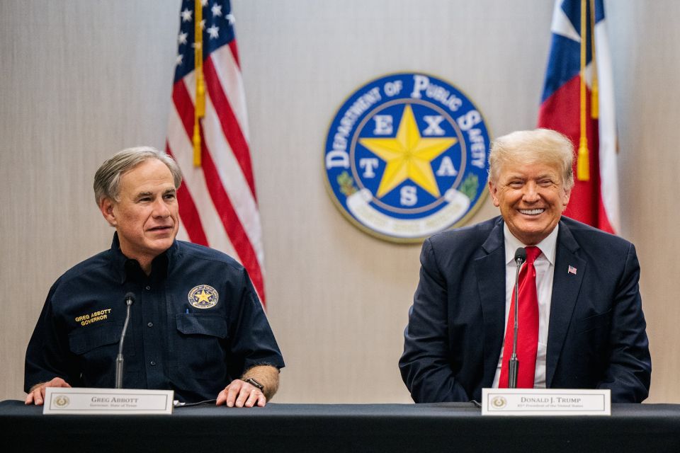 Texas Gov. Greg Abbott and former President Donald Trump attend a border security briefing in Weslaco, Texas, June 30, 2021. (CNS photo/Brandon Bell, Poo, via Reuters)