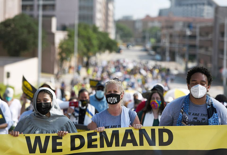 Protesters take part in a July 31, 2021, march in Austin, Texas, for voting rights and against a measure in the Legislature to enact voting restrictions. (CNS/Reuters/Callaghan O'Hare)