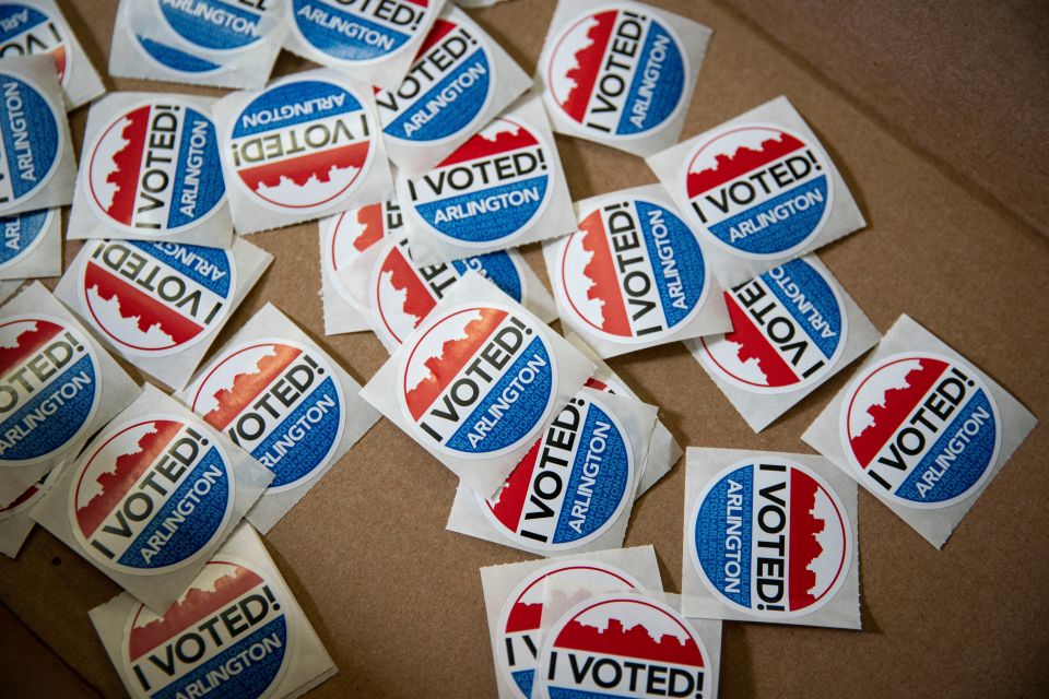 "I Voted" stickers are seen at an early voting site in Arlington, Va., Sept. 18, 2020. (CNS photo/Al Drago, Reuters)