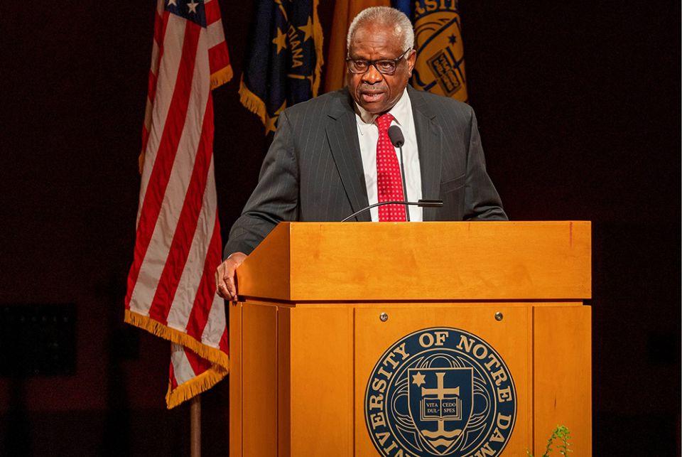 U.S. Supreme Court Justice Clarence Thomas delivers the 2021 Tocqueville Lecture Sept. 16 at the University of Notre Dame in Indiana. (CNS/Courtesy of University of Notre Dame/Peter Ringenberg)