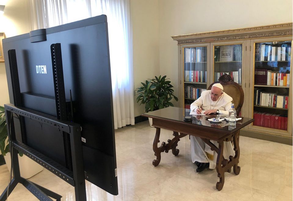 Pope Francis leads a virtual meeting of his Council of Cardinals Sept. 21, 2021, from his residence at the Domus Sanctae Marthae at the Vatican. (CNS/Dicastery for Communication)