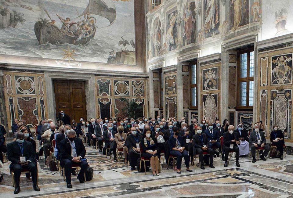 Members of the Pontifical Academy for Life listen to Pope Francis in the Clementine Hall of the Apostolic Palace at the Vatican Sept. 27. (CNS/Vatican Media)