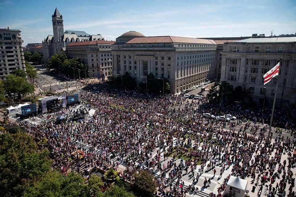 Supporters of legal abortion rally at Freedom Plaza in Washington before marching to the U.S. Supreme Court Oct. 2, during the nationwide Women's March protesting a new Texas law that bans most abortions after six weeks of pregnancy. (CNS/Reuters/Al Drago
