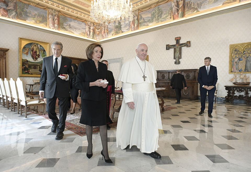 Pope Francis walks with U.S. House Speaker Nancy Pelosi, D-California, accompanied by her husband, Paul, during a private audience Oct. 9, 2021, at the Vatican. (CNS/Vatican Media) Pope Francis walks with U.S. House Speaker Nancy Pelosi, D-California, accompanied by her husband, Paul, during a private audience Oct. 9, 2021, at the Vatican. (CNS/Vatican Media)