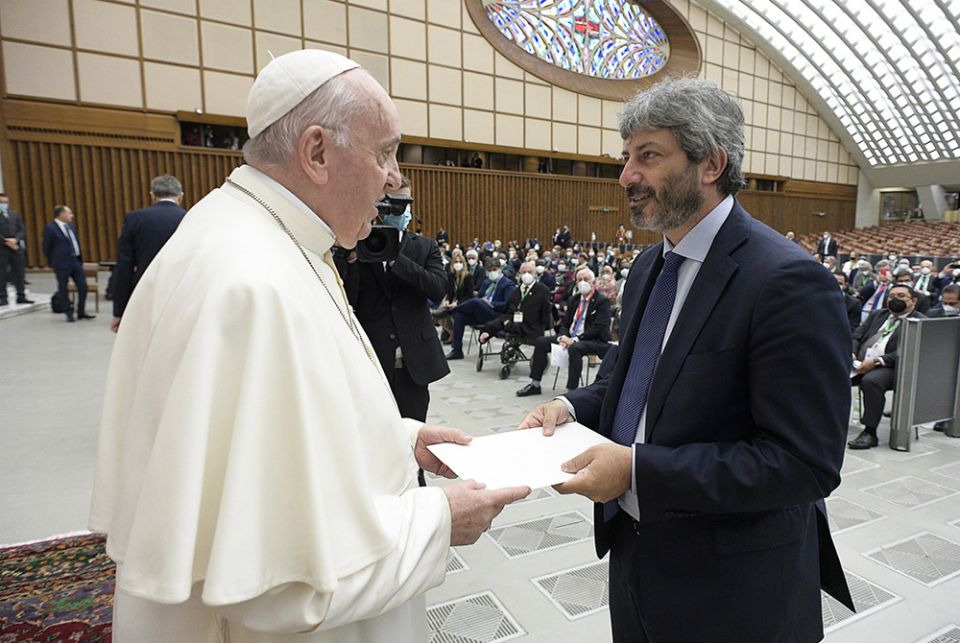 Pope Francis greets Roberto Fico, president of the Italian Chamber of Deputies, during a meeting of legislators at the Vatican Oct. 9 Pope Francis greets Roberto Fico, president of the Italian Chamber of Deputies, during a meeting of legislators at the Vatican Oct. 9 in advance of the U.N. climate summit in Glasgow. (CNS/Vatican Media)