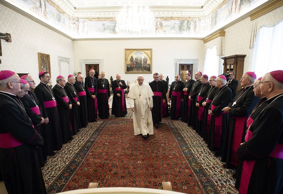 Pope Francis meets with Polish bishops at the Vatican Oct. 12, 2021, during their "ad limina" visit to Rome. (CNS/Vatican Media) Pope Francis meets with Polish bishops at the Vatican Oct. 12, 2021, during their "ad limina" visit to Rome. (CNS/Vatican Media)