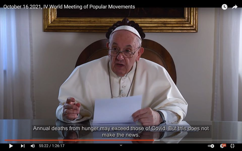 Pope Francis speaks in a video message to the World Meeting of Popular Movements in this still image taken from video posted to the Vatican News YouTube channel Oct. 16, 2021. (CNS photo/Vatican News YouTube channel)