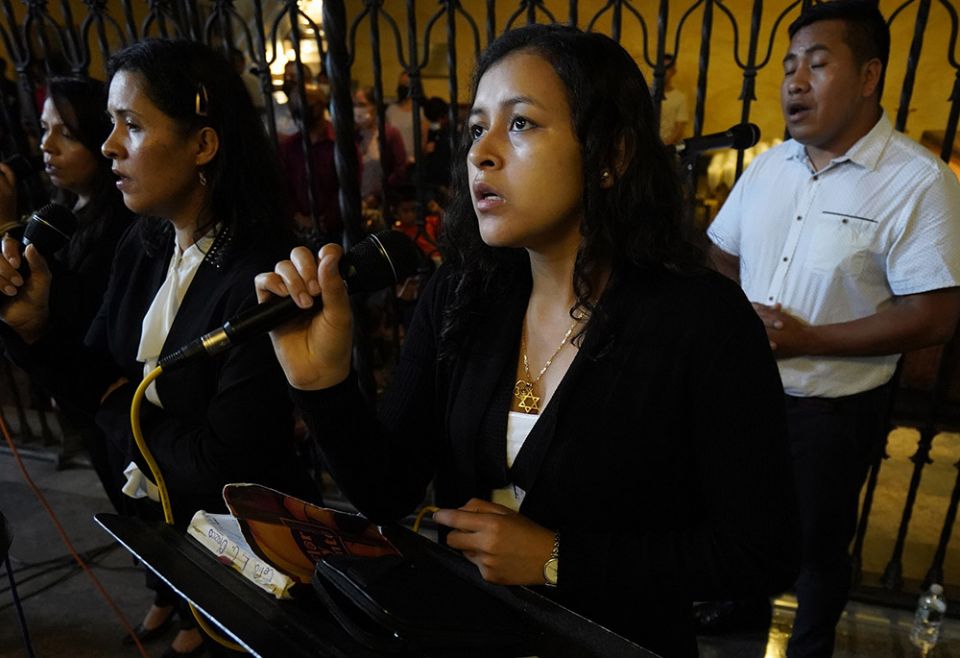 Members of the choir of Our Lady of Loretto Church in Hempstead, New York, sing during a Spanish-language Mass Sept. 6, 2021, at Immaculate Conception Seminary in Huntington, New York. (CNS/Gregory A. Shemitz)