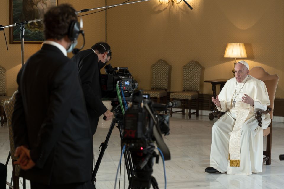 Pope Francis is interviewed at the Vatican for "Stories of a Generation," a Netflix series based on the pope's book, "Sharing the Wisdom of Time."  (CNS photo/Simone Risoluti, Vatican Media)