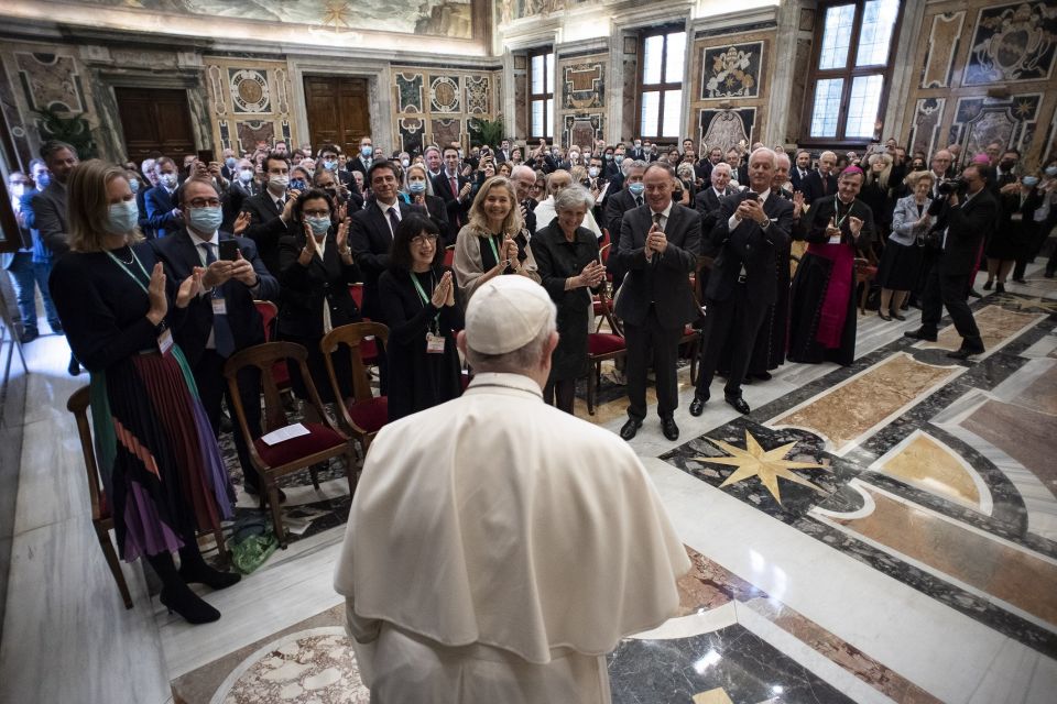 Pope Francis leads an audience with members of the Centesimus Annus Pro Pontifice Foundation at the Vatican Oct. 23, 2021. The organization promotes the social teaching of the Catholic Church, in particular the teaching in St. John Paul II’s Encyclical “C