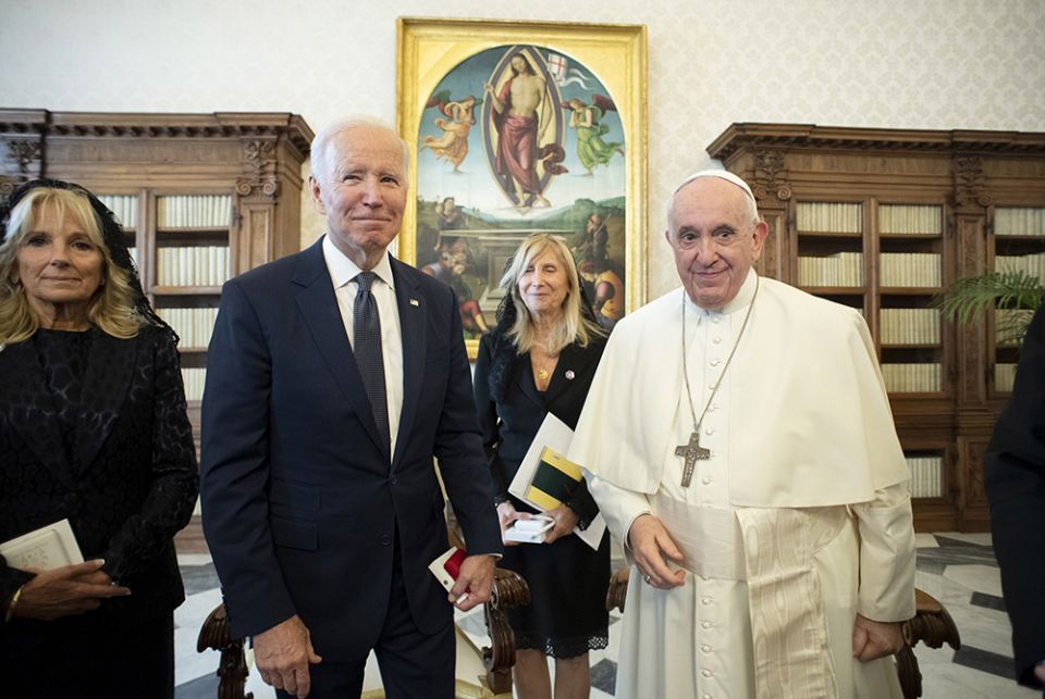 U.S. President Joe Biden, accompanied by his wife, Jill, is pictured with Pope Francis during a meeting Oct. 29 at the Vatican. (CNS/Vatican Media)