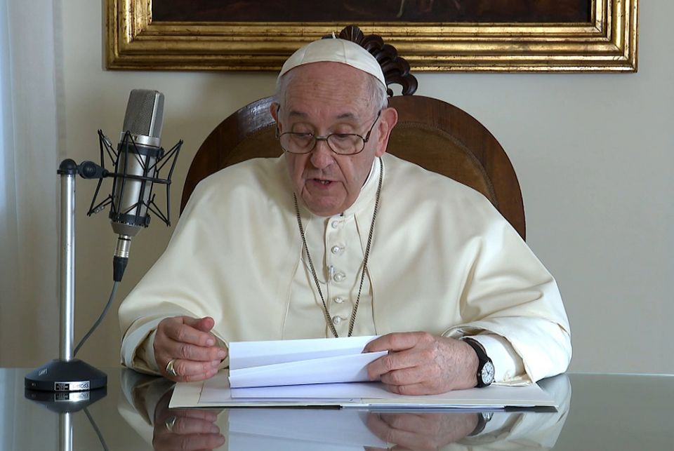 Pope Francis reads a message to listeners of BBC Radio Oct. 29, in this still image taken from video released by the Vatican. (CNS/Vatican Media) Pope Francis reads a message to listeners of BBC Radio Oct. 29, in this still image taken from video released by the Vatican. (CNS/Vatican Media)