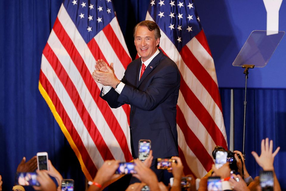 Republican Glenn Youngkin addresses the crowd celebrating his election in Chantilly, Virginia, early Nov. 3. He defeated Democrat Terry McAuliffe in the governor's race. (CNS/Reuters/Jonathan Ernst) Republican Glenn Youngkin addresses the crowd celebrating his election in Chantilly, Virginia, early Nov. 3. He defeated Democrat Terry McAuliffe in the governor's race. (CNS/Reuters/Jonathan Ernst)