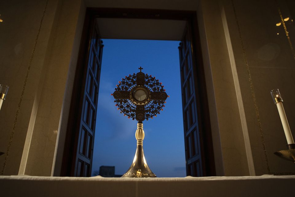 A monstrance holding the Blessed Sacrament for eucharistic adoration is seen at the Basilica of the National Shrine of the Immaculate Conception March 11 in Washington. (CNS/Tyler Orsburn)