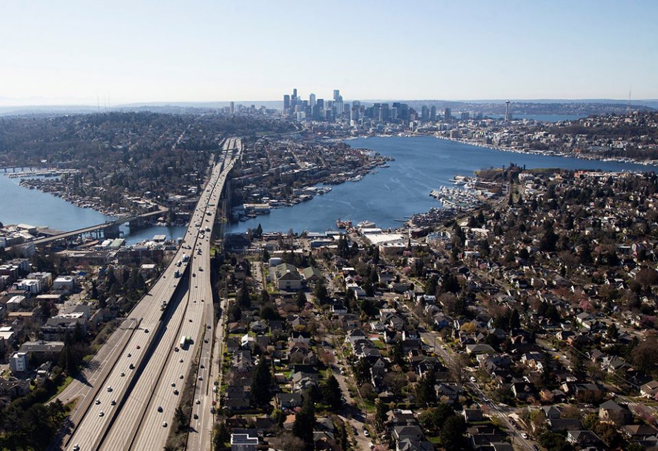 An aerial view of Seattle is seen March 16, 2020. (CNS/Reuters/Lindsey Wasson)