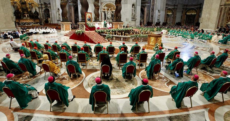 Pope Francis celebrates a Mass to open the process that will lead up to the assembly of the world Synod of Bishops in 2023, in St. Peter's Basilica at the Vatican Oct. 10, 2021. (CNS/Reuters/Remo Casilli)