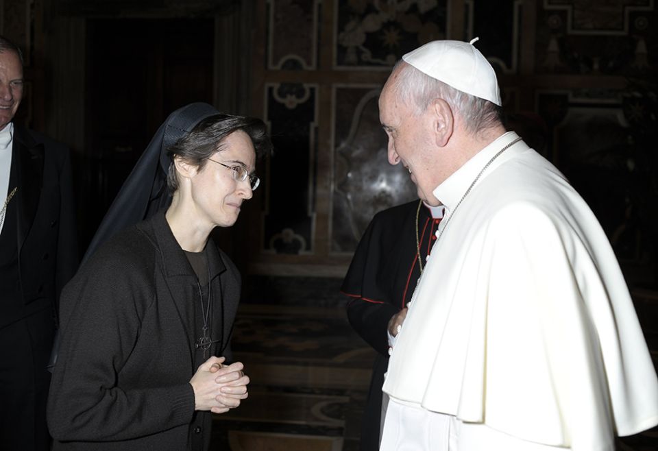 Pope Francis greets Sr. Raffaella Petrini, an Italian member of the U.S.-based Franciscan Sisters of the Eucharist, Dec. 3, 2015, at the Vatican. (CNS/Vatican Media) Pope Francis greets Sr. Raffaella Petrini, an Italian member of the U.S.-based Franciscan Sisters of the Eucharist, Dec. 3, 2015, at the Vatican. (CNS/Vatican Media)