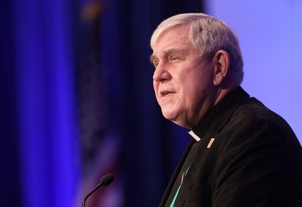 Archbishop Jerome Listecki of Milwaukee speaks during a Nov. 16, 2021, session of the fall general assembly of the U.S. Conference of Catholic Bishops in Baltimore. (CNS/Bob Roller)
