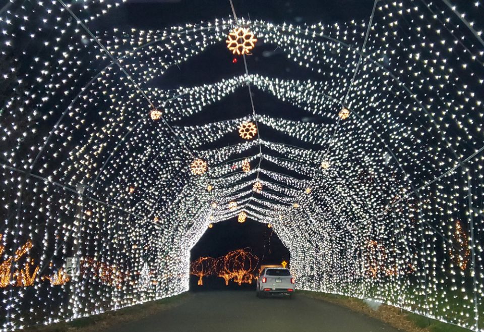 A "tunnel of light" greets visitors to the Way of Lights display at the National Shrine of Our Lady of the Snows, in Belleville, Illinois. In 2021, workers installed new LED lights to the tunnel. (NCR/Brian Roewe)