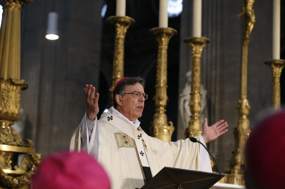 Archbishop Michel Aupetit of Paris celebrates the annual chrism Mass at historic St. Sulpice Church April 17, 2019.