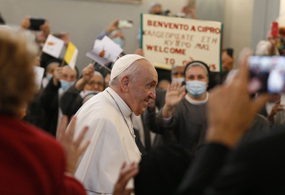 Pope Francis arrives to lead a meeting with priests, religious, deacons, catechists and members of church groups and movements at the Maronite Cathedral of Our Lady of Grace Dec. 2 in Nicosia, Cyprus. (CNS/Paul Haring) Pope Francis arrives to lead a meeting with priests, religious, deacons, catechists and members of church groups and movements at the Maronite Cathedral of Our Lady of Grace Dec. 2 in Nicosia, Cyprus. (CNS/Paul Haring)