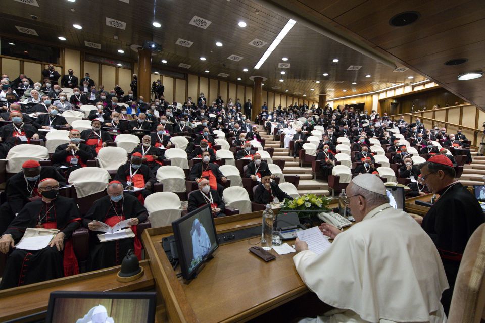 Pope Francis leads a meeting with representatives of bishops' conferences from around the world at the Vatican Oct. 9, 2021.  (CNS photo/Paul Haring)