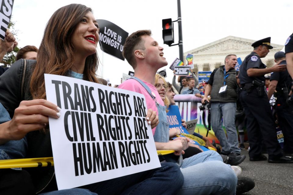 LGBT activists and transgender rights supporters block the street outside the U.S. Supreme Court Oct. 8, 2019. (CNS/Reuters/Jonathan Ernst)