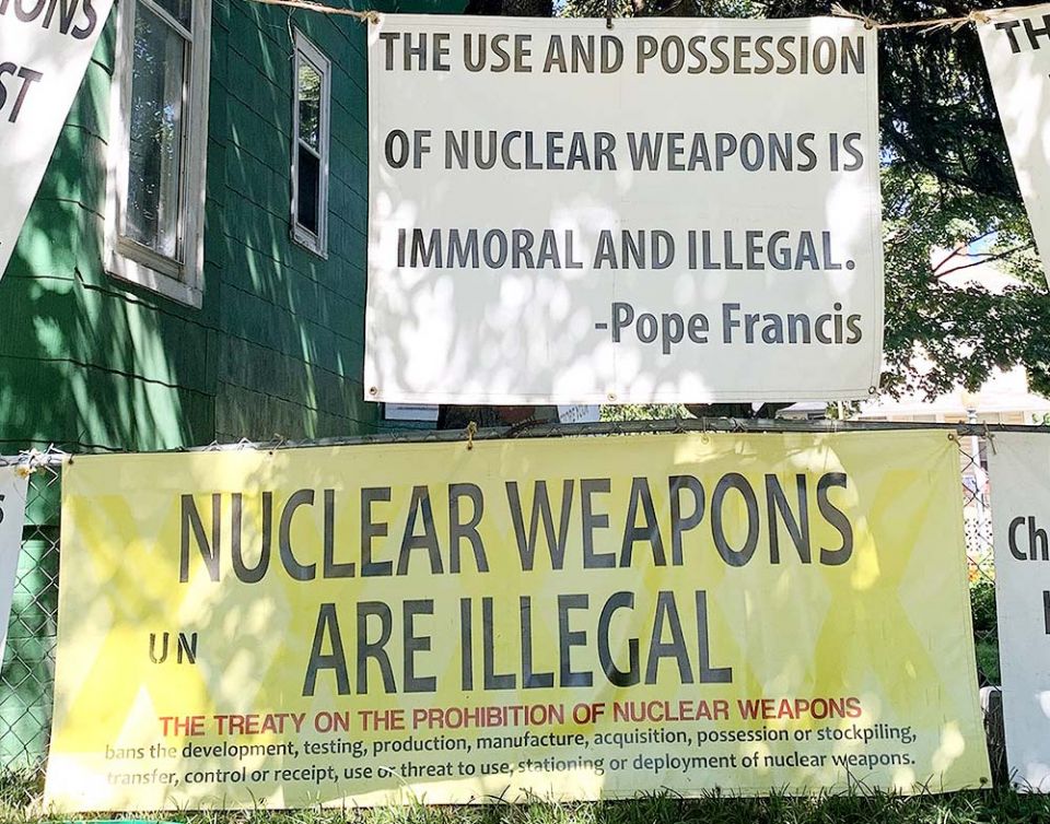 A house in Washington posts signs against nuclear weapons Sept. 27, 2021. (CNS/Tyler Orsburn)