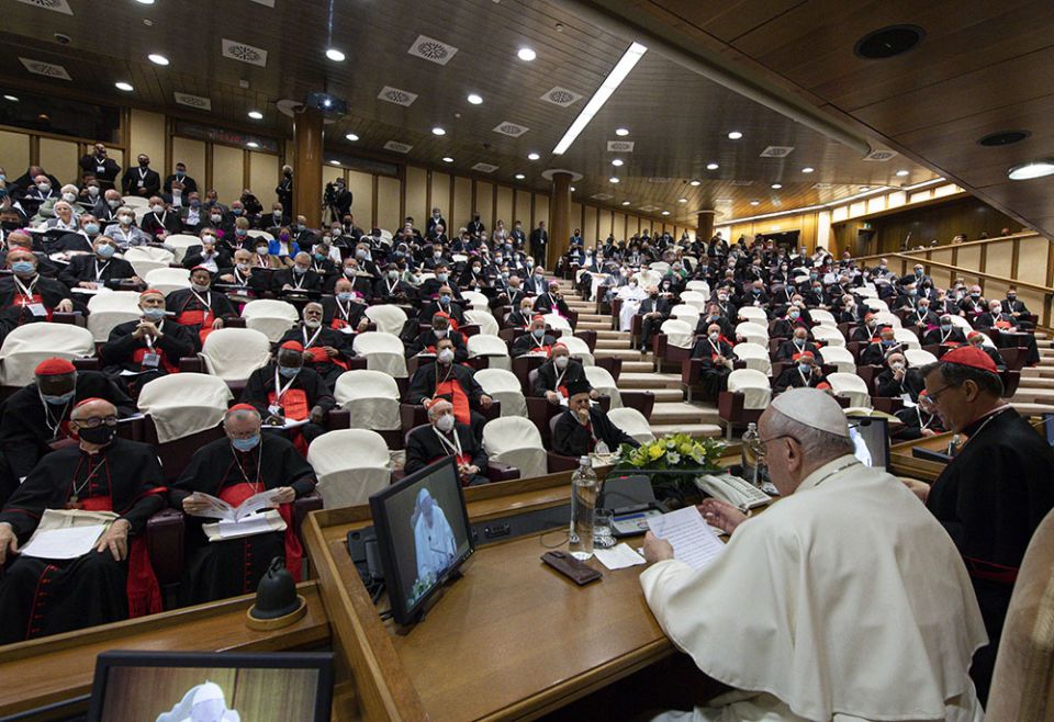 Pope Francis leads a meeting with representatives of bishops' conferences from around the world Oct. 9, 2021, at the Vatican. The meeting came as the Vatican launched the process that will lead to the assembly of the world Synod of Bishops in 2023. (CNS)