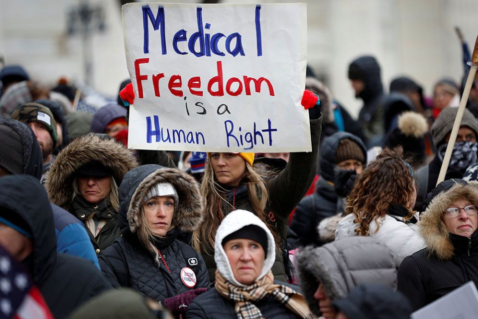 People in Albany, New York, demonstrate against COVID-19 vaccine mandates Jan. 5. (CNS/Reuters/Mike Segar)