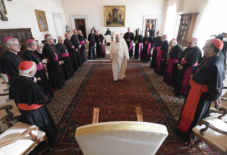 Pope Francis arrives for a meeting with Spanish bishops during their "ad limina" visits to report on the state of their dioceses, Jan. 14 at the Vatican. (CNS/Vatican Media)