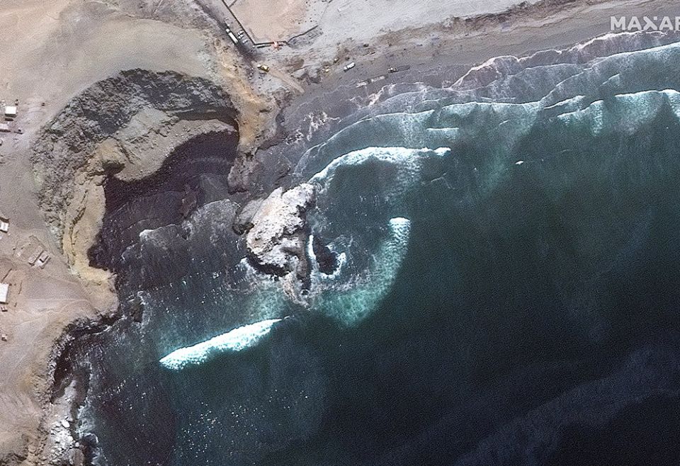 A satellite image shows oil washing up on the coast in Playa Cavero, Peru, Jan. 19, following an oil spill near Lima. (CNS photo/Maxar Technologies, handout via Reuters)
