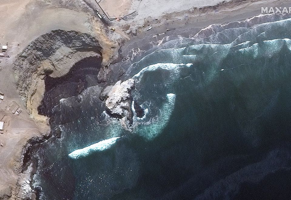 A satellite image shows oil washing up on the coast in Playa Cavero, Peru, Jan. 19, following an oil spill near Lima. (CNS photo/Maxar Technologies, handout via Reuters) A satellite image shows oil washing up on the coast in Playa Cavero, Peru, Jan. 19, following an oil spill near Lima. (CNS photo/Maxar Technologies, handout via Reuters)