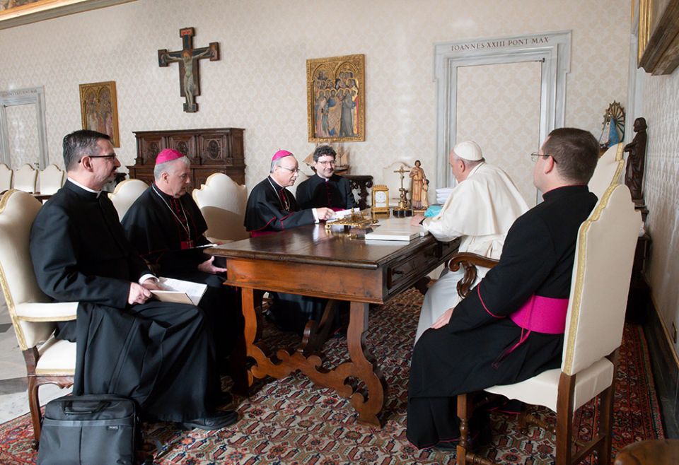 Pope Francis is pictured with officers of the Canadian bishops' conference during a meeting Dec. 9, 2021, at the Vatican. (CNS/Vatican Media) Pope Francis is pictured with officers of the Canadian bishops' conference during a meeting Dec. 9, 2021, at the Vatican. (CNS/Vatican Media)
