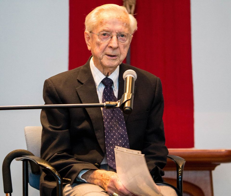 Retired Bishop Remi De Roo is pictured in a 2016 photo at St. Mark's College in Vancouver, British Columbia. (CNS photo/Sarah Scali, St. Mark’s College)