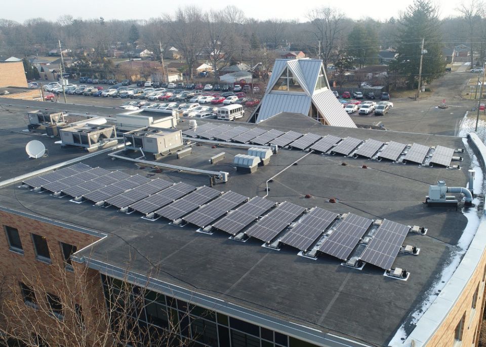 Solar panels sit on the roof of Cardinal Ritter Junior and Senior High School in Indianapolis Feb. 1, 2022. (CNS/The Criterion/courtesy Cardinal Ritter Junior and Senior High School)